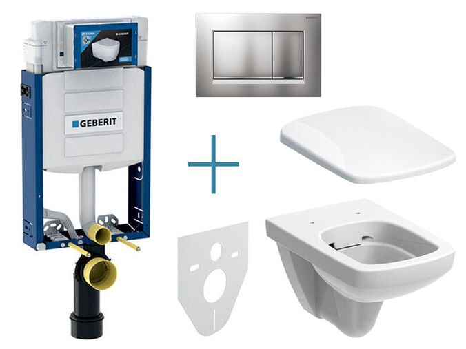 Geberit Kombifix - sada pro závěsné WC 110.302.00.5 JX + rimfree klozet a sedátko Geberit Selnova Square + tlačítko Sigma30, lakovaný chrom mat easy-to-clean/chrom lesk