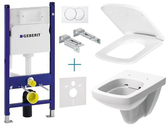 Geberit Duofix Delta - sada pro závěsné WC + souprava pro ukotvení do stěny + pravoúhlý Rimfree klozet Kolo Nova Pro se sedátkem + tlačítko Delta 01, bílá