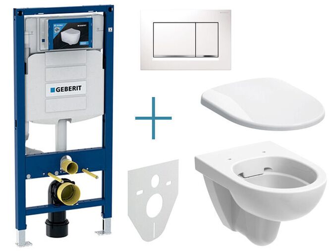 Geberit Duofix - sada pro závěsné WC 111.300.00.5 IA + rimfree klozet a sedátko Geberit Selnova + tlačítko Sigma30, bílá/chrom lesk