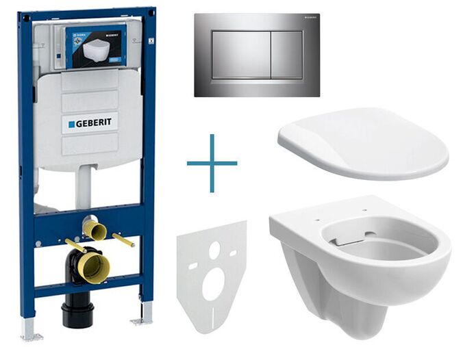Geberit Duofix - sada pro závěsné WC 111.300.00.5 IA + rimfree klozet a sedátko Geberit Selnova + tlačítko Sigma30, chrom lesk/mat/lesk