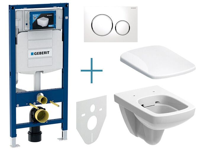 Geberit Duofix - sada pro závěsné WC 111.300.00.5 JX + rimfree klozet a sedátko Geberit Selnova Square + tlačítko Sigma20, bílá/chrom lesk