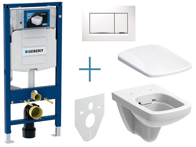 Geberit Duofix - sada pro závěsné WC 111.300.00.5 JX + rimfree klozet a sedátko Geberit Selnova Square + tlačítko Sigma30, bílá/chrom lesk