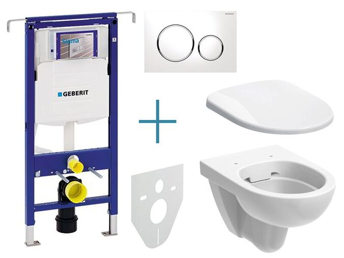 Geberit Duofix Special - sada pro závěsné WC 111.355.00.5 IA + rimfree klozet a sedátko Geberit Selnova + tlačítko Sigma20, bílá/chrom lesk