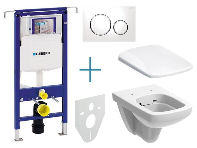 Geberit Duofix Special - sada pro závěsné WC 111.355.00.5 JX + rimfree klozet a sedátko Geberit Selnova Square + tlačítko Sigma20, bílá/chrom lesk