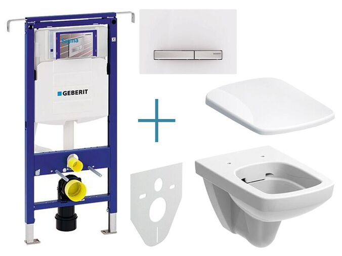 Geberit Duofix Special - sada pro závěsné WC 111.355.00.5 JX + rimfree klozet a sedátko Geberit Selnova Square + tlačítko Sigma50, alpská bílá/hliník kartáčovaný