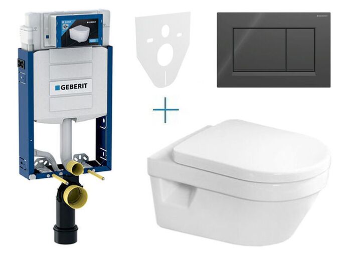 Geberit + Villeroy & Boch Set předstěnové instalace Kombifix + klozet a sedátko se softclose Villeroy & Boch Architectura + tlačítko Sigma30, černá lesk/černá mat