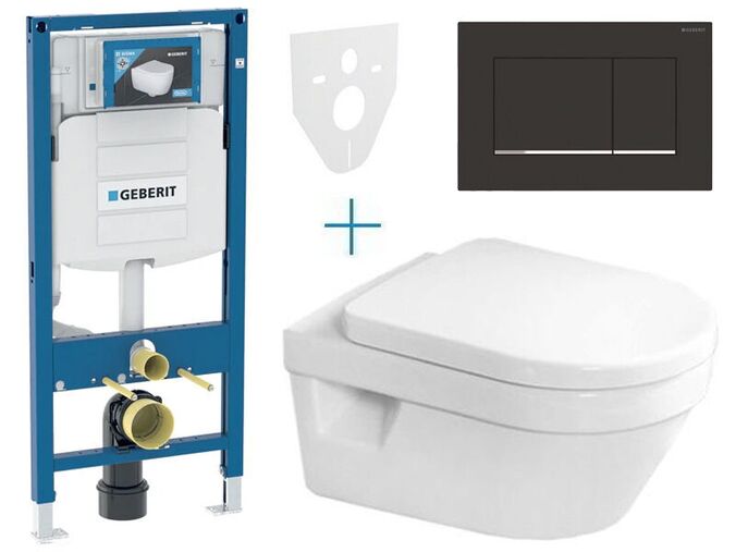 Geberit + Villeroy & Boch Set předstěnové instalace Duofix + klozet a sedátko se softclose Villeroy & Boch Architectura + tlačítko Sigma30, černá matná easy-to-clean/chrom lesk