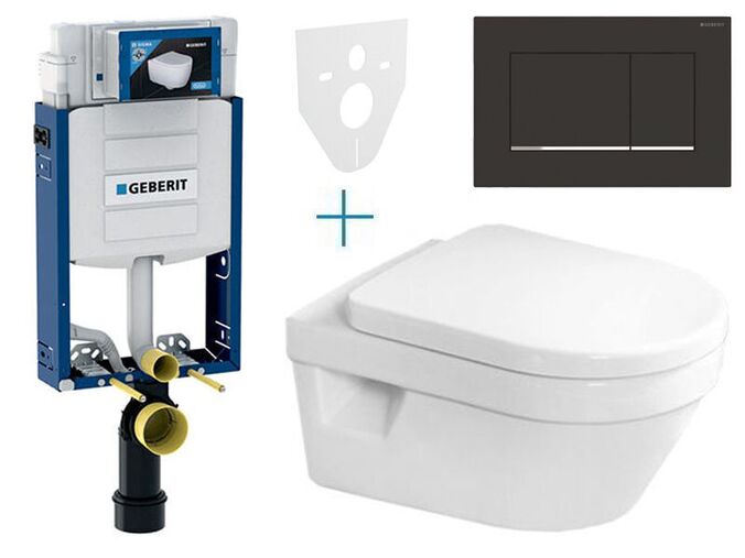 Geberit + Villeroy & Boch Set předstěnové instalace Kombifix + klozet a sedátko se softclose Villeroy & Boch Architectura + tlačítko Sigma30, černá matná easy-to-clean/chrom lesk