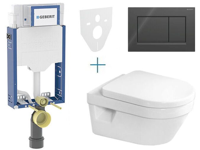 Geberit + Villeroy & Boch Set předstěnové instalace Kombifix + klozet a sedátko se softclose Villeroy & Boch Architectura + tlačítko Sigma30, černá lesk/černá mat