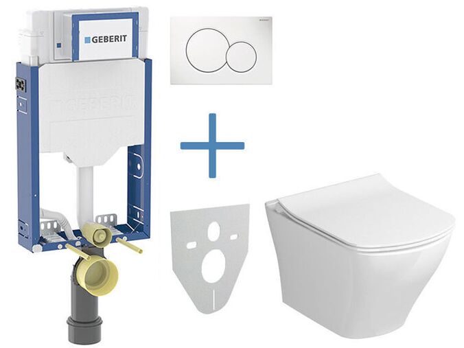 Geberit + Ravak Set předstěnové instalace Kombifix + RimOff klozet a sedátko se SoftClose Slim Ravak Classic + tlačítko Sigma01, alpská bílá