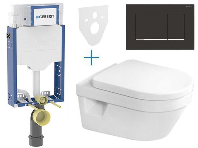 Geberit + Villeroy & Boch Set předstěnové instalace Kombifix + klozet a sedátko se softclose Villeroy & Boch Architectura + tlačítko Sigma30, černá matná easy-to-clean/chrom lesk