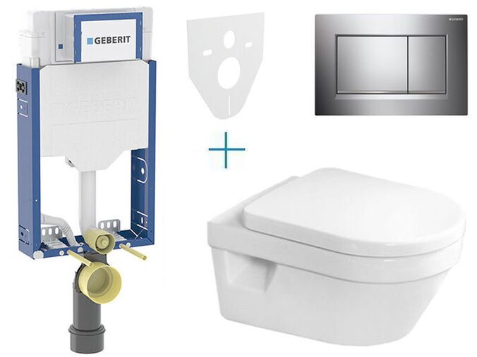 Geberit + Villeroy & Boch Set předstěnové instalace Kombifix + klozet a sedátko se softclose Villeroy & Boch Architectura + tlačítko Sigma30, chrom lesk/mat/lesk