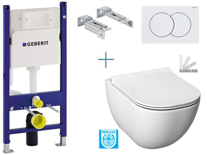 Geberit + Jika Set předstěnové instalace Duofix Delta + rimless klozet a SoftClose sedátko Jika Mio + tlačítko Delta 01, bílá