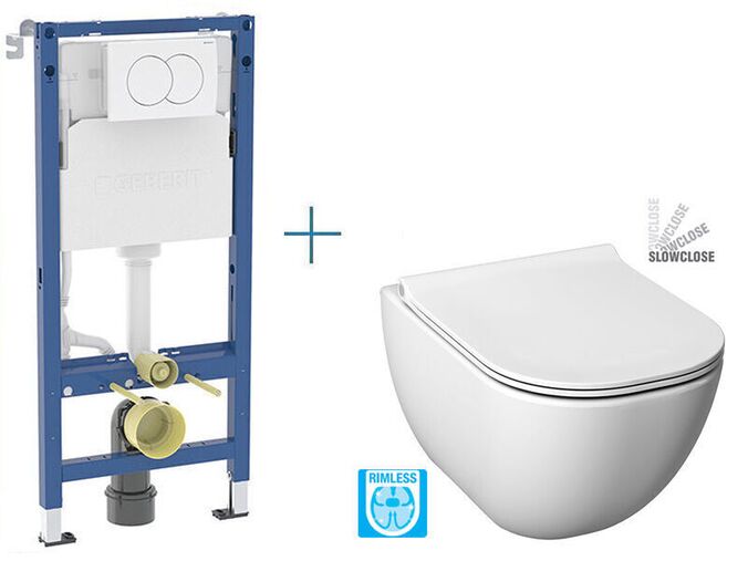Geberit + Jika Set předstěnové instalace Duofix Delta + rimless klozet a SoftClose sedátko Jika Mio + tlačítko Delta 01, bílá