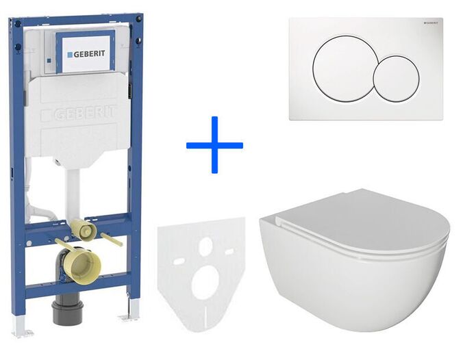 Geberit + kielle Set předstěnové instalace Duofix + rimless klozet a sedátko se SoftClose kielle Oudee + tlačítko Sigma01 Round, bílá