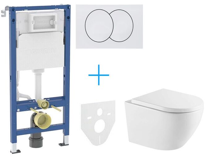 Geberit + kielle Set předstěnové instalace Duofix Delta + vortex rimless klozet a sedátko se SoftClose kielle Oudee + tlačítko Delta Zero, bílá