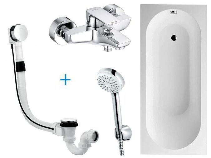 Villeroy & Boch + Kludi Koupelnový set – Villeroy & Boch Oberon obdélníková vana 180x80 cm, bílá + Kludi Pure&Style vanová baterie + sprchová souprava 1S + odpadová a přepadová souprava