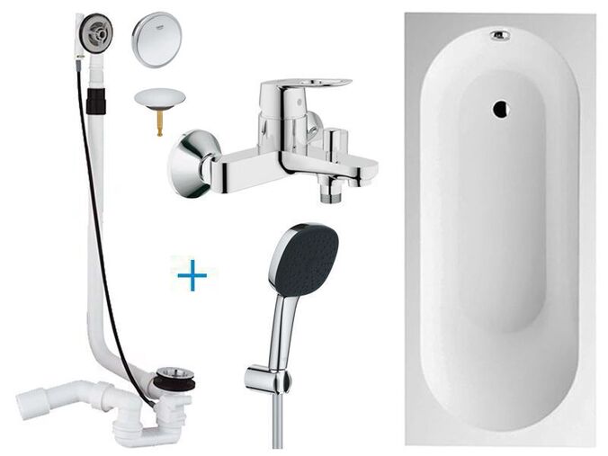 Villeroy & Boch + Grohe Koupelnový set – Villeroy & Boch Oberon obdélníková vana 180x80 cm, bílá + Grohe BauLoop vanová baterie + sprchová souprava 3jet + odpadová a přepadová souprava