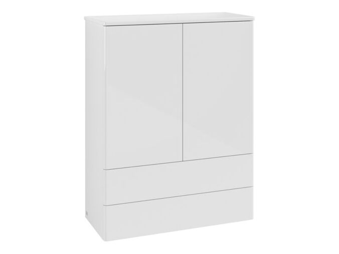 Villeroy & Boch Antao vysoká komoda, 81,4x103,9x35,6 cm, 2x zásuvka, 2x dvířka, s osvětlením, čelo bez struktury, Glossy White Laquer