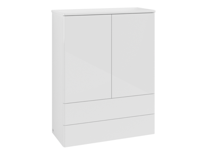 Villeroy & Boch Antao vysoká komoda, 81,4x103,9x35,6 cm, 2x zásuvka, 2x dvířka, s osvětlením, čelo bez struktury, Glossy White Laquer