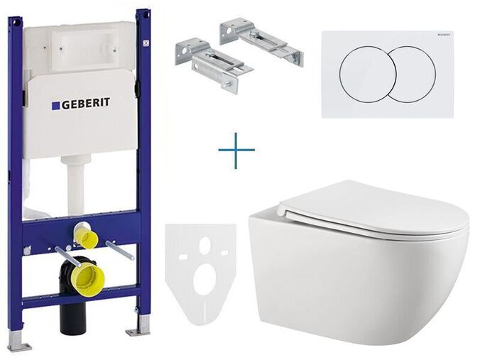 Geberit + kielle Set předstěnové instalace Duofix Delta + rimless klozet a slim sedátko se SoftClose kielle Gaia + tlačítko Delta 01, bílá