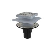 Alcadrain Podlahová vpust 150x150/50/75mm přímá, mřížka, nerez, nerezová příruba a límec 2. úrovně izolace, vodní a suchá zápachová uzávěra