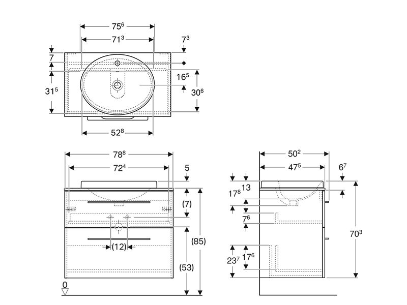 Geberit Selnova Square skříňka s deskou a umyvadlem, 78,8x47,5x70,3 cm, 2x zásuvka, lakovaná mat, láva