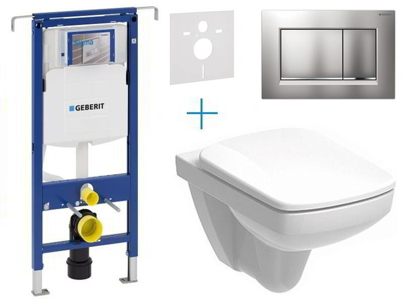 Geberit Duofix Special - sada pro závěsné WC 111.355.00.5 DX + pravoúhlý Rimfree klozet a sedátko se softclose Kolo Nova Pro + tlačítko Sigma30, chrom mat/lesk/mat