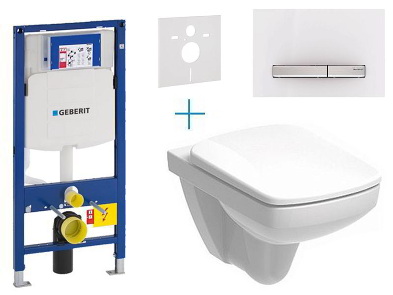 Geberit Duofix - sada pro závěsné WC 111.300.00.5 DX + pravoúhlý Rimfree klozet a sedátko se softclose Kolo Nova Pro + tlačítko Sigma50, alpská bílá/hliník kartáčovaný